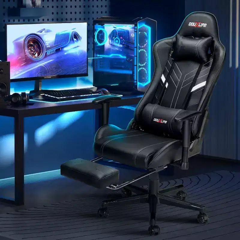 Douxlife Sedia da Gaming Ergonomica Moderna con Massaggio a 7 Punti, Poggiapiedi e Braccioli Regolabili, Nera