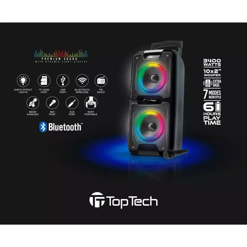 TOPTECH AL-101, 2x6.5 Bluetooth Speaker with Disco Lights, Karaoke