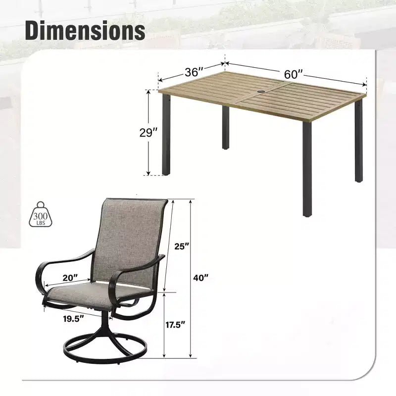 Captiva Designs 7pc Outdoor Rectangle Steel Table with Umbrella Hole & Textilene Swivel Chairs