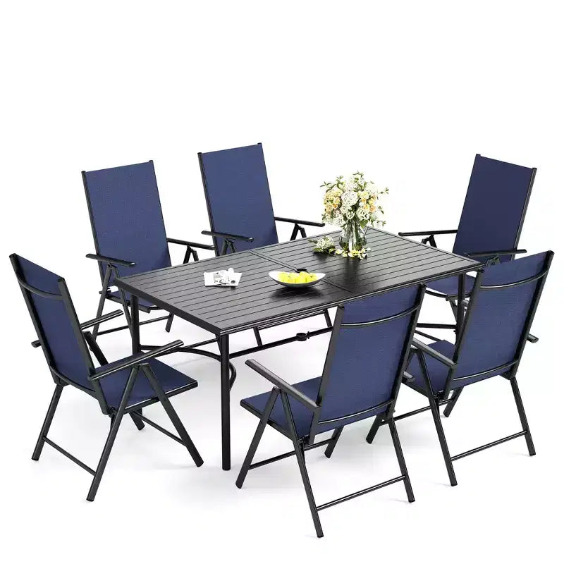 Captiva Designs 7pc Patio Dining Rectangular Steel Table & Pre-assembled Textilene Reclining Foldable Chairs