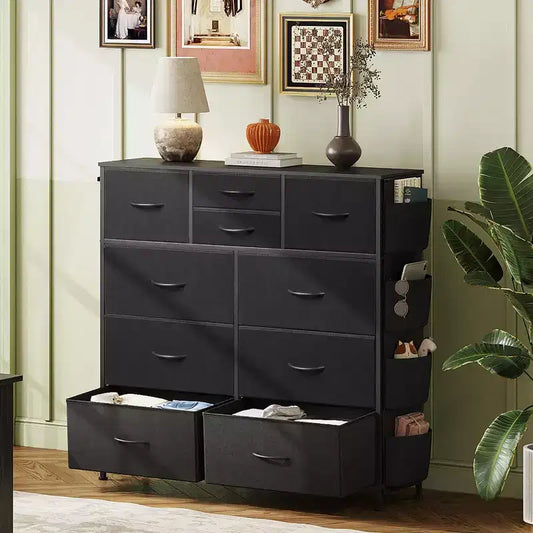 10-Drawer Fabric Dresser, Sturdy Metal Frame Organizer Unit with Side Pockets and Hooks for Bedroom, Living Room, Hallway, Black
