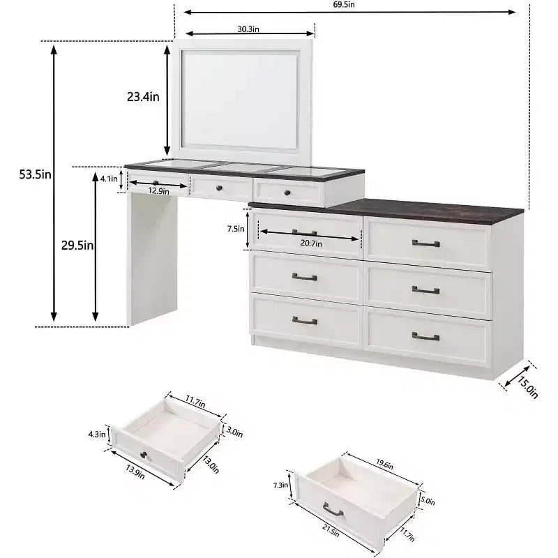 Mastgoal 69 W Grande Scrivania per Vanity con Piano in Vetro, Tavolo da Trucco Rustico con 9 Grandi Cassetti Contenitori, 3 Colori Disponibili Luce & Specchio LED HD da 30