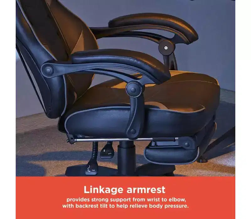 Sedia da gaming RadioShack nera e grigia, sedia ergonomica stile racing con altezza regolabile, poggiapiedi, supporto lombare e imbottitura confortevole