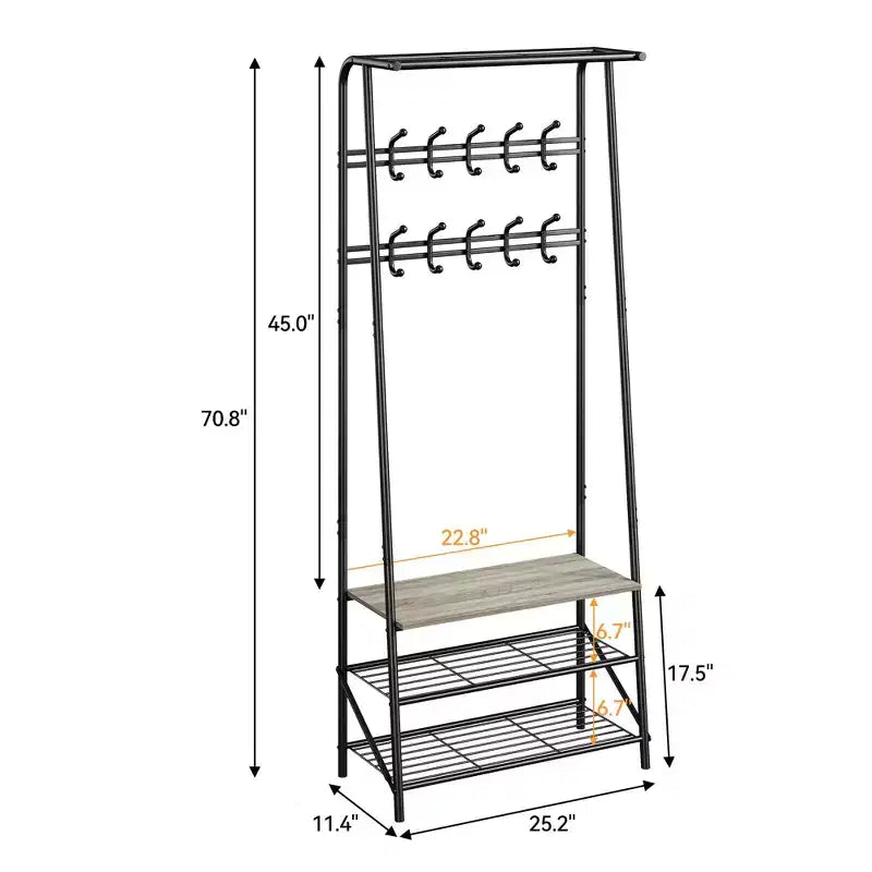 Coat Rack, 4-in-1 Hall Tree, Entryway Shoe Bench Coat Standwith Metal Frame, 3-Tier Shelf and 10 Hooks for Entryway,Hallway, Bedroom