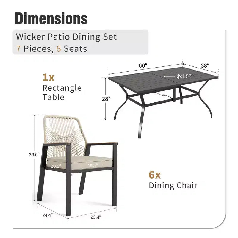 Captiva Designs 7pc Outdoor Dining Rectangular Slat-top Steel Table & Beige Rattan Fixed Chairs