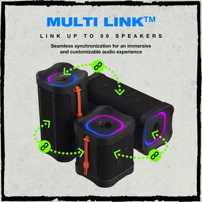 Altoparlante Bluetooth Wireless Skullcandy Terrain Mini 2, Resistenza all'Acqua IPX7, Batteria da 14H, Multi-Link, Spettacolo di Luci LED, Portatile, Nero