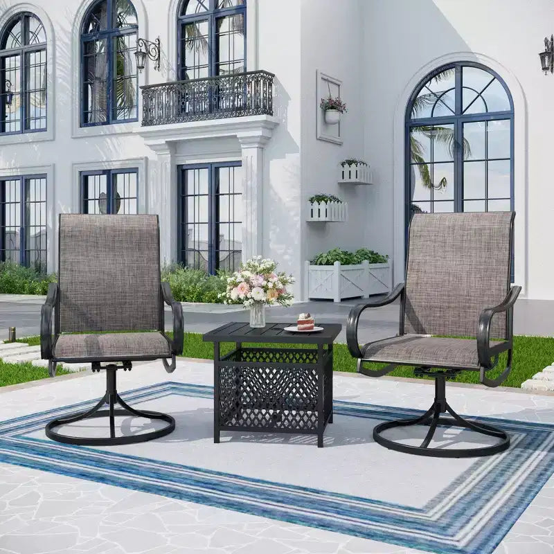 Captiva Designs 3pc Patio Square Bistro Table & Grayish Brown Textilene Sling Swivel Chairs