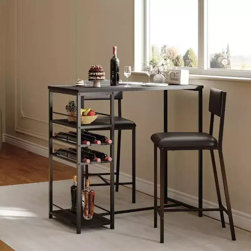 Fulvari Set for 2 Dining Table with Open Storage Shelves, Cup Holder & Wine Rack, Bar Table and Chair for Apartments Kitchen Corners Small Space