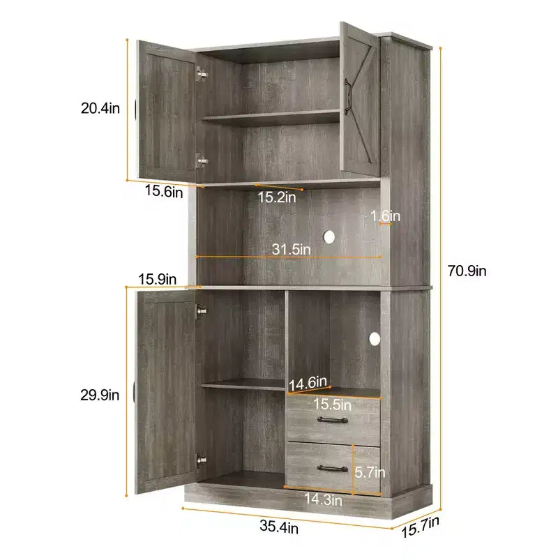 Modern Kitchen Sideboard with Microwave Stand, Tall Wooden Bar Cabinet with Drawers and Adjustable Shelves for Dining and Living Room, Pastoral Grey