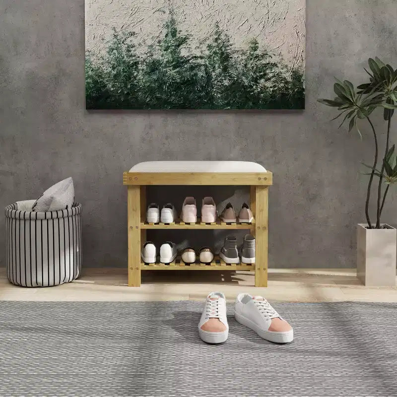 Bamboo Shoe Storage Bench, 3-Tier Entryway Bench with Cushion, Shoe Organizer for Entryway, Hallway