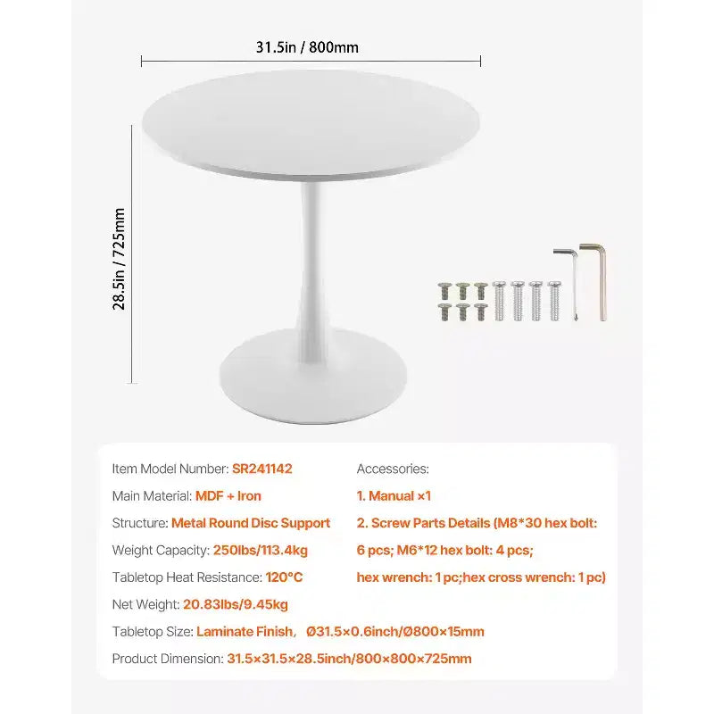 VEVOR Tavolo da Pranzo Rotondo, 80 cm Tavolo in Legno per 2-4 Persone, Moderno Tavolo Circolare, con Base a Piedistallo con Design a Tulipano, (Solo Tavolo), Bianco