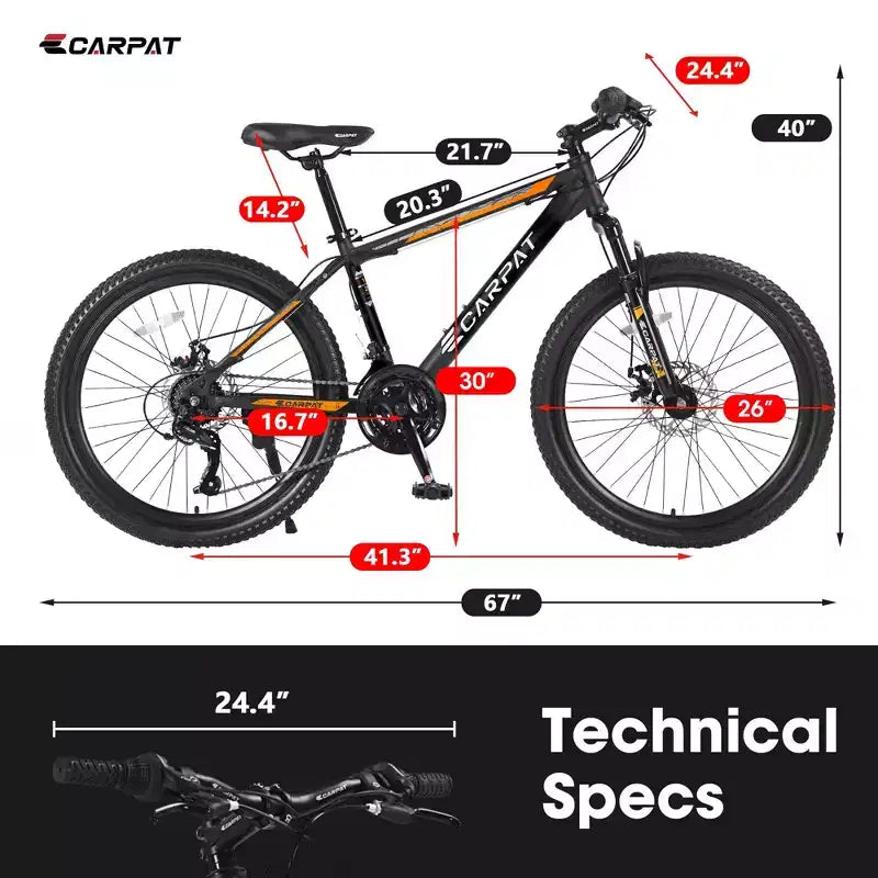 Okak 26IN Mountain Bike with 21 Speeds and Disc Brakes, Kids Dirt Bike with High-Carbon Steel Frame, Mens Bike for Adult & Teenagers