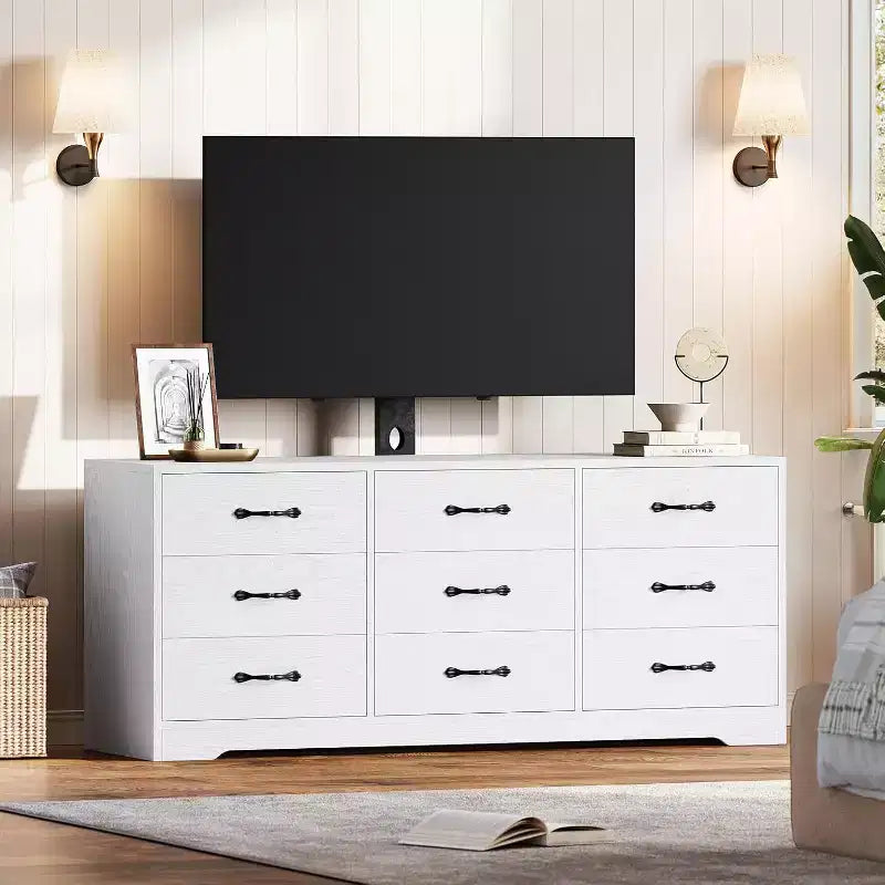 9-Drawer TV Stand with Integrated TV Area, Large Storage Console for Flat Screen TVs up to 85 Inch, Multi-Functional Media Center for Living Room