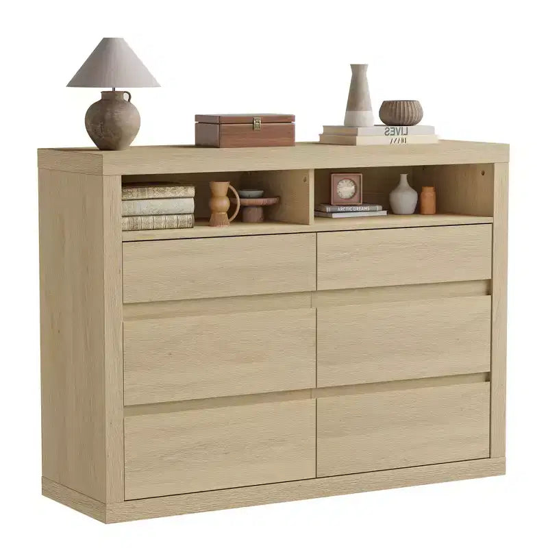 Cassettiera a 6 cassetti per camera da letto, Comò moderno di metà secolo con 2 ripiani aperti, 47 cm di larghezza, in legno, doppio comò mobile TV per armadio, soggiorno