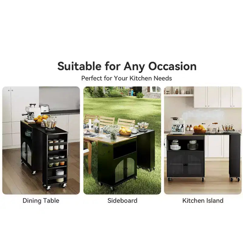AEELLEEA Kitchen Island On Wheels with Extended Table MDF Rolling Kitchen Storage Cart 2 Fluted Glass Doors Side 3 Open Shelves Black