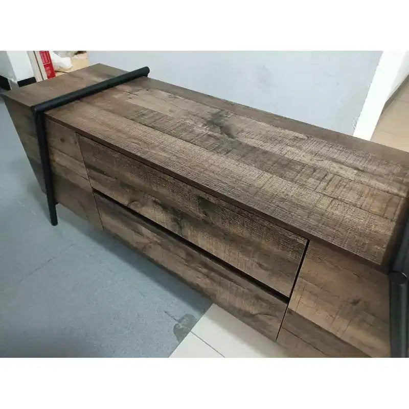 Striped Oak TV Stand with Middle Drawer - PB Board & U-Shaped Metal Legs