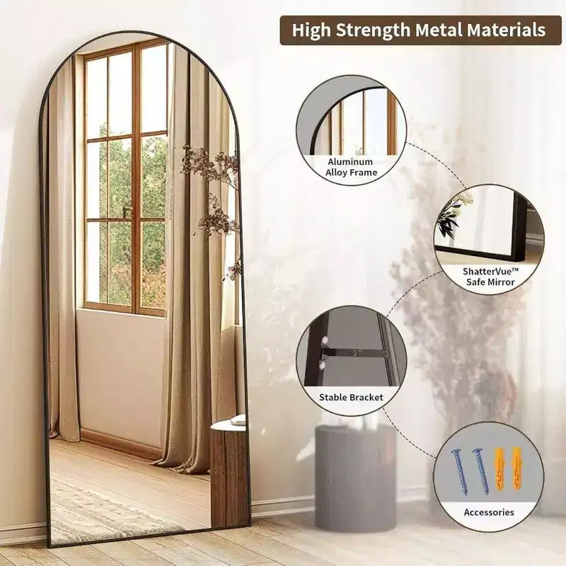 Specchio a figura intera ad arco da 56 pollici con cornice in lega di alluminio nero, specchio da terra o da parete, grande specchiera.