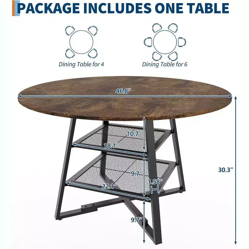 Tavolo da Pranzo Rotondo Acekool da 47 Pollici con Ripiano Portaoggetti, Tavolo da Cucina con Base in Metallo per 4-6 Persone