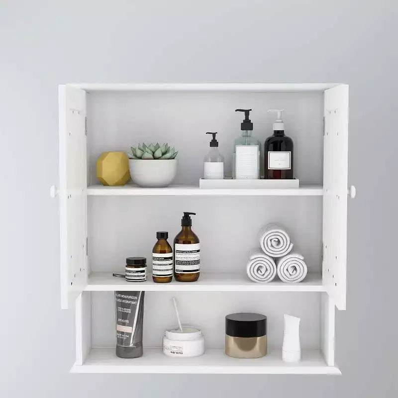 Wall-mounted medicine cabinet with double mirror doors, adjustable shelves, and open shelfwhite wood, 17.69, perfect for bathroom or kitchen.