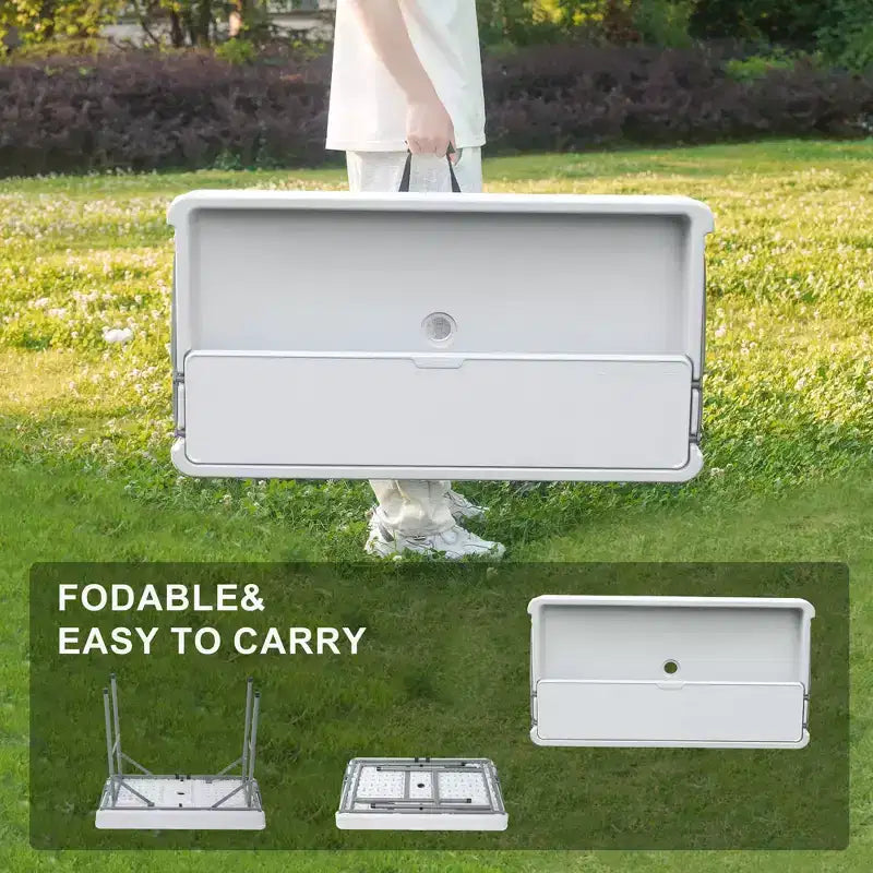 Tavolo pieghevole refrigeratore da esterno con ripiano extra, tavoli ghiacciaia per feste con scarico e gonna coordinata, tavolino rinfrescante per campeggio, picnic