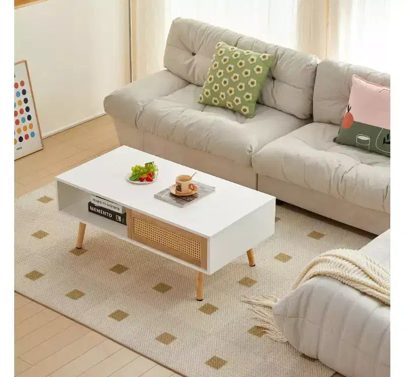 Tavolino da Caffè in Legno Massello+MDF con Rattan, Anta Scorrevole Contenitore, Gambe in Legno Massello, Stile Moderno