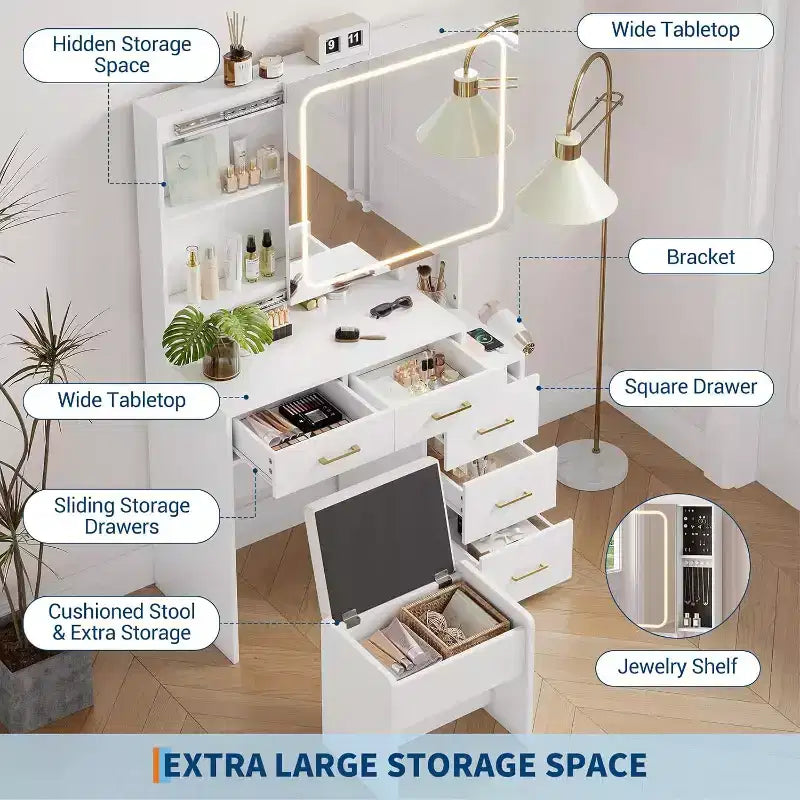 Set da toilette bianco con 5 cassetti, sgabello e porta gioielli, per camera da letto, facile montaggio