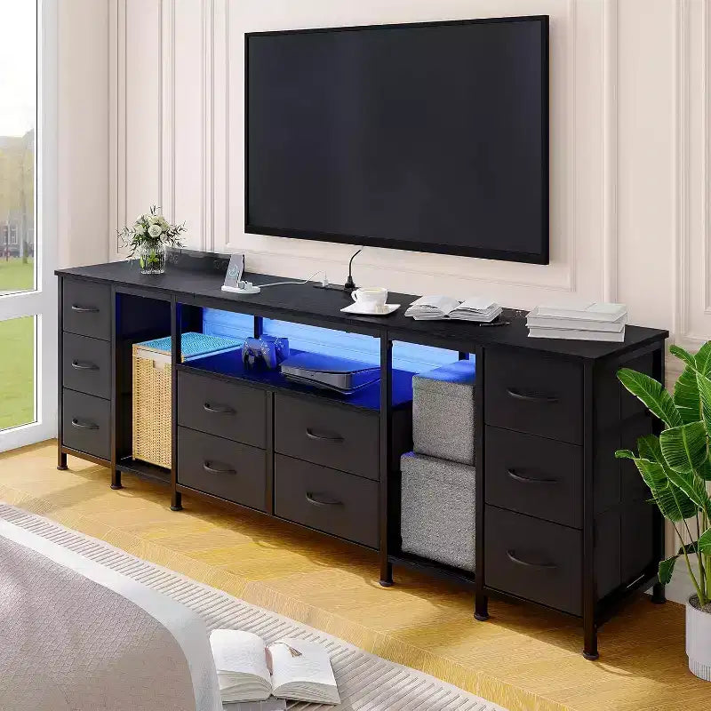 10 Drawer Dresser,TV Stand with Fabric Drawers for 75 70 65 Inch TV, TV Console Table with Open Storage Shelves for Living Room, Bedroom,