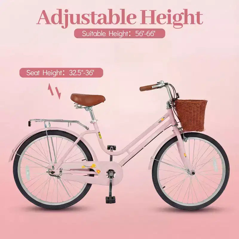 Gymax Bicicletta Cruiser da Spiaggia da 24 pollici con Sella Regolabile Cestino in Vimini e Portapacchi Posteriore per la Città