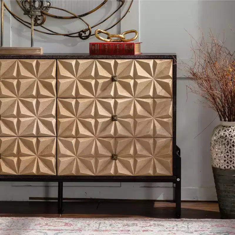 Sideboard with Geometric Pattern, 6-Drawer Dresser with Smooth Sliding Drawers, Modern Console Cabinet for Kitchen Dining Living
