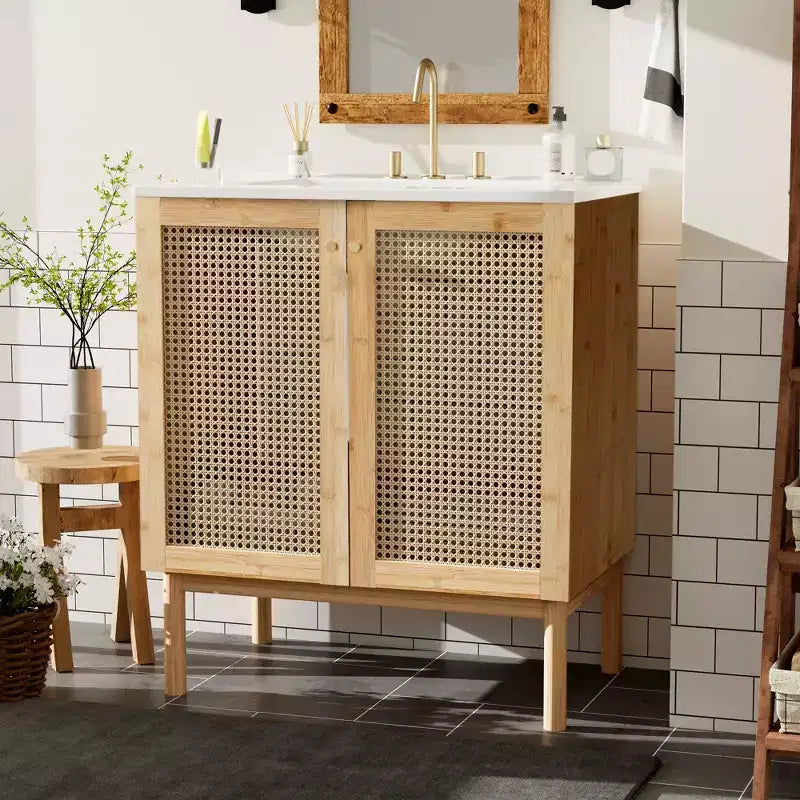 JVNOXK 30-inch bathroom vanity, natural materials, featuring handcrafted rattan doors with soft-close mechanism, overflow drain, wood