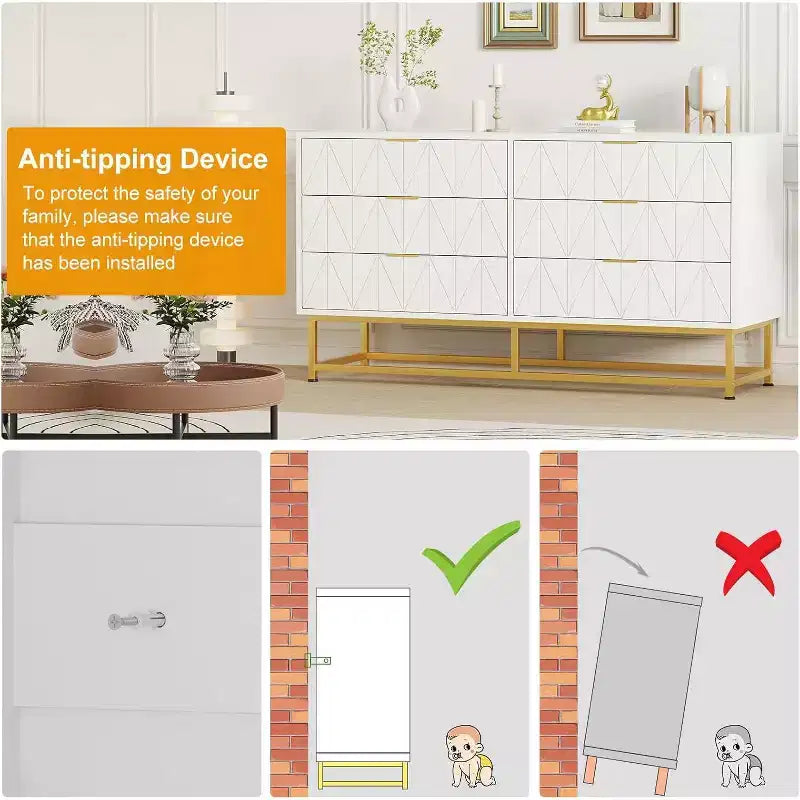 6 Drawer Dresser with Wide Storage, Wood Dresser Chest Organizer with Metal Legs, Dressers & Chests of Drawers for Bedroom, Living Room, Hallway