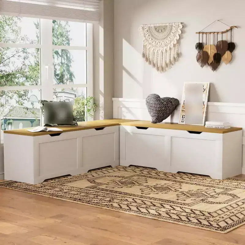 L Shaped Corner Bench with Storage, Kitchen Breakfast Nook Bench with Removable Cushion, Wooden Backless Bench for Dining Room, Entryway