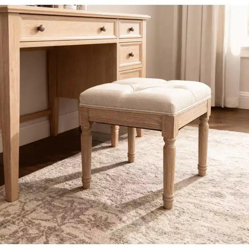 Small Padded Bench, Square Upholstered Rustic Ottoman Bench, Vanity Stools for Bedroom, Beige