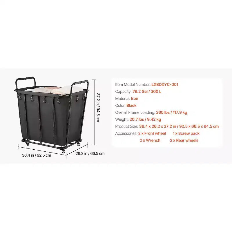 VEVOR Laundry Cart, Rolling Grocery Utility Cart with Waterproof Liner & Swivel Wheels, 260 LBS Large Load Capacity, Heavy Duty Shopping Basket,Black