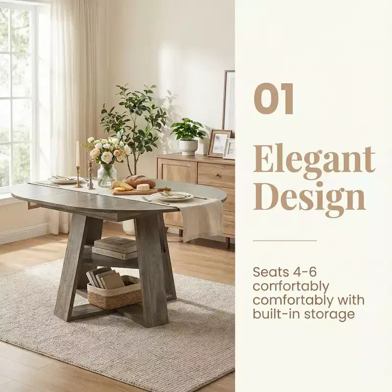 Extendable Round Dining Table for 4-8 People with Storage Shelf