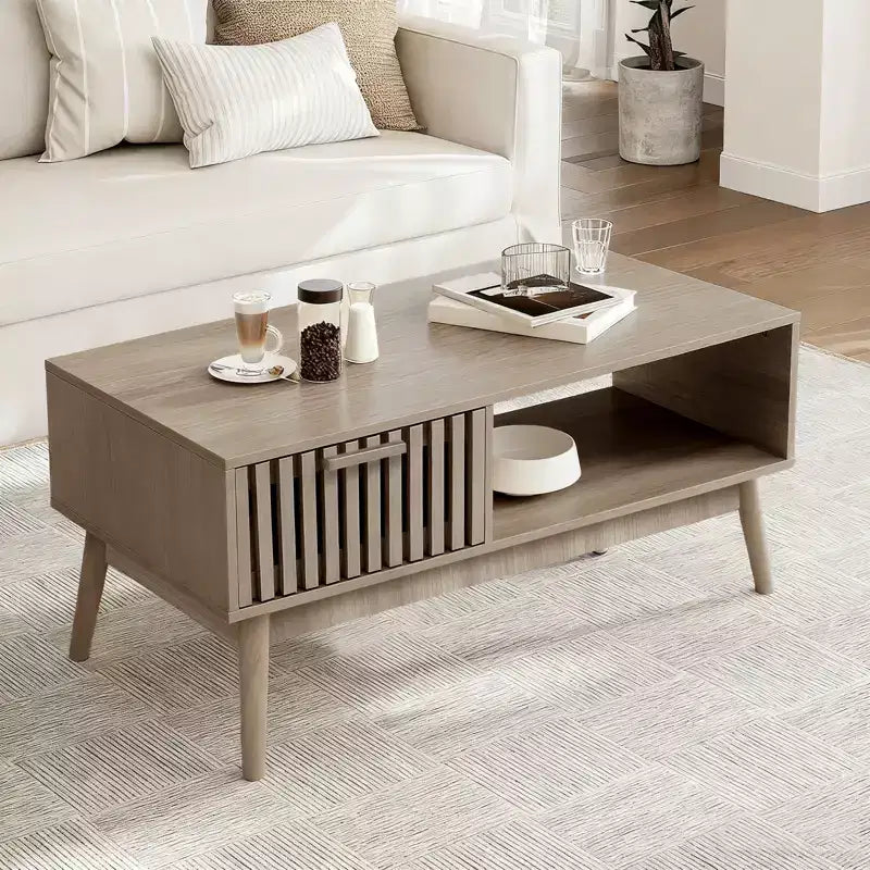 Modern Coffee Table with Storage Drawer & Open Shelf 2-Tier Fluted Rectangular Center Table