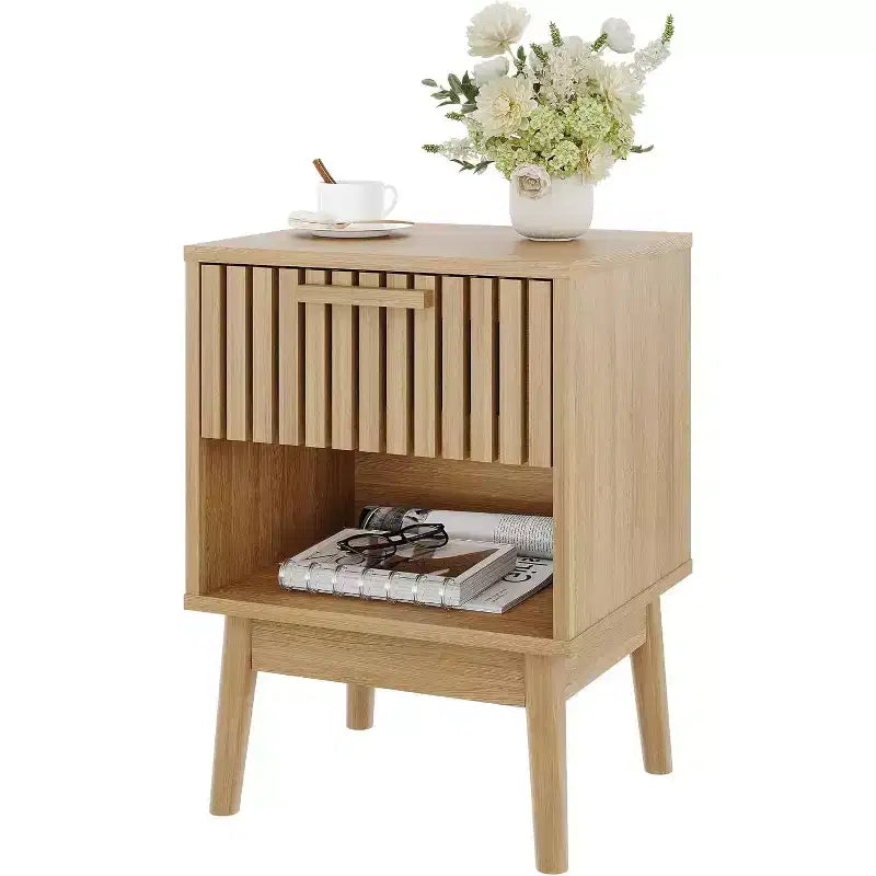Boho Nightstand with Wood Strip Drawer & Open Shelf, Small Bedside End Table for Bedroom, Living Room & Dorm, Ideal for Small Spaces