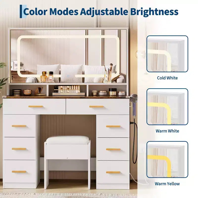GustoWave Moderna Scrivania da Trucco con Specchio, 8 Cassetti, 3 Ripiani, Piano in Vetro, per Camera da Letto, Bianco Rustico