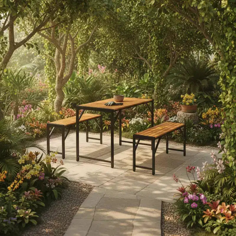 Gymax Set da Pranzo per Esterni da 3 Pezzi per 4 Persone con Tavolo da Picnic in Legno e 2 Panche per Patio e Giardini