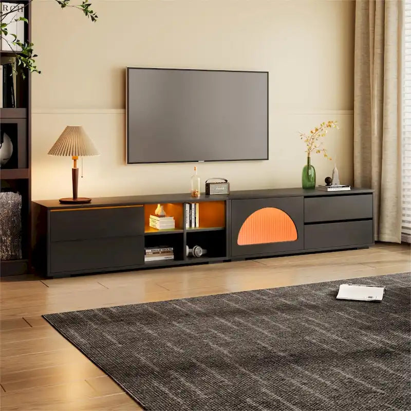 Modern TV Stand with Fluted Glass Door for TVs Up to 100 , Media Console with Sliding Door & 2 Drawers