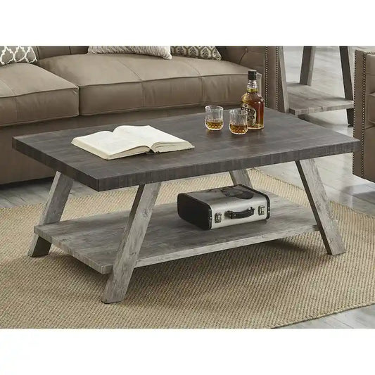Contemporary Two-Tone Wood Shelf Coffee Table in Weathered for Living Room