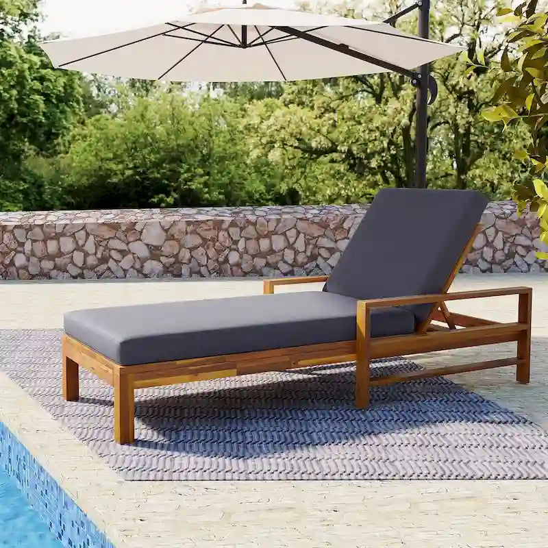 Acacia Wood Chaise Lounge Patio Recliner with Adjustable Backrest & Padded Cushion, Outdoor Sunbathing Chair for Poolside Areas