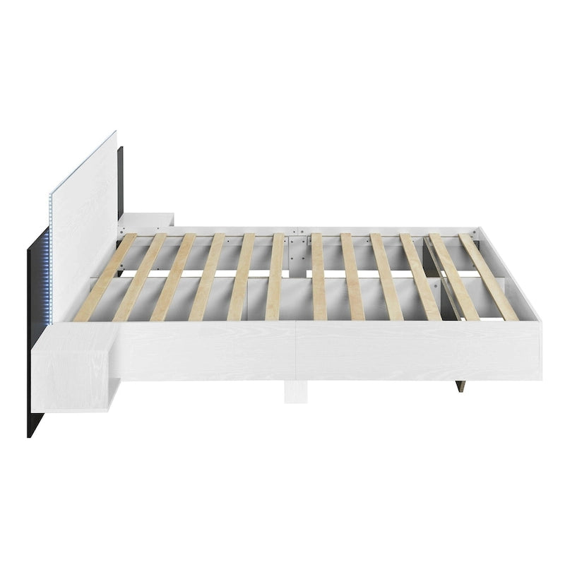 Letto matrimoniale galleggiante moderno in legno con 2 comodini e luci a LED, nessuna necessità di rete a doghe