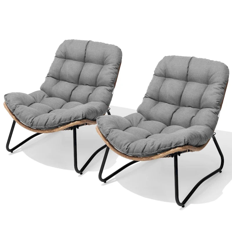2-Piece Outdoor Papasan Chairs with Thick Padded Cushion PE Rattan Patio Cozy Chairs