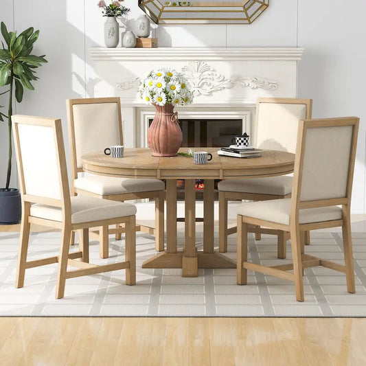 Rustic Farmhouse Dining Table and Chair Sets Extendable Round Table and Chair Sets with Adjustable Table Top for Dining Room