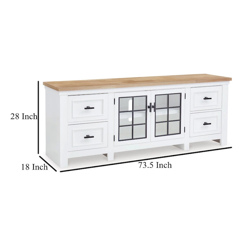 Bryn TV Media Console, 4 Drawers, 2 Door, White Hardwood, 74 Inch