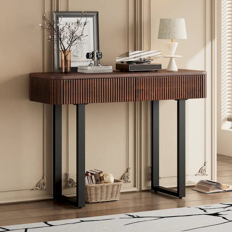 Modern Solid Wood Entryway Console Table with Fluted Design & Storage