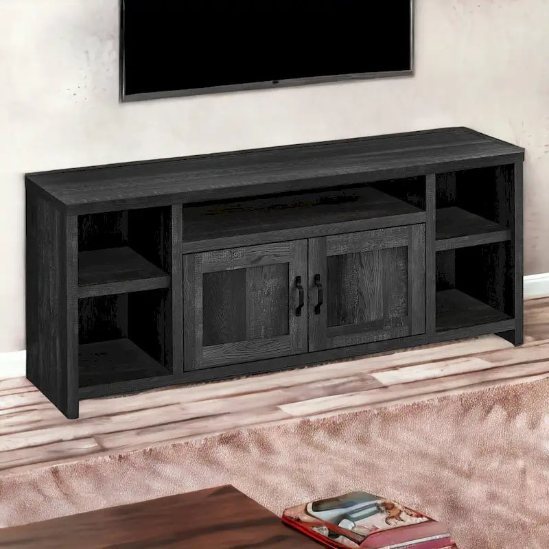 Modern Reclaimed Black TV Stand for 55 TVs with Cabinets and Shelving Wood Entertainment Unit - 23.75H x 59W x 15.5D