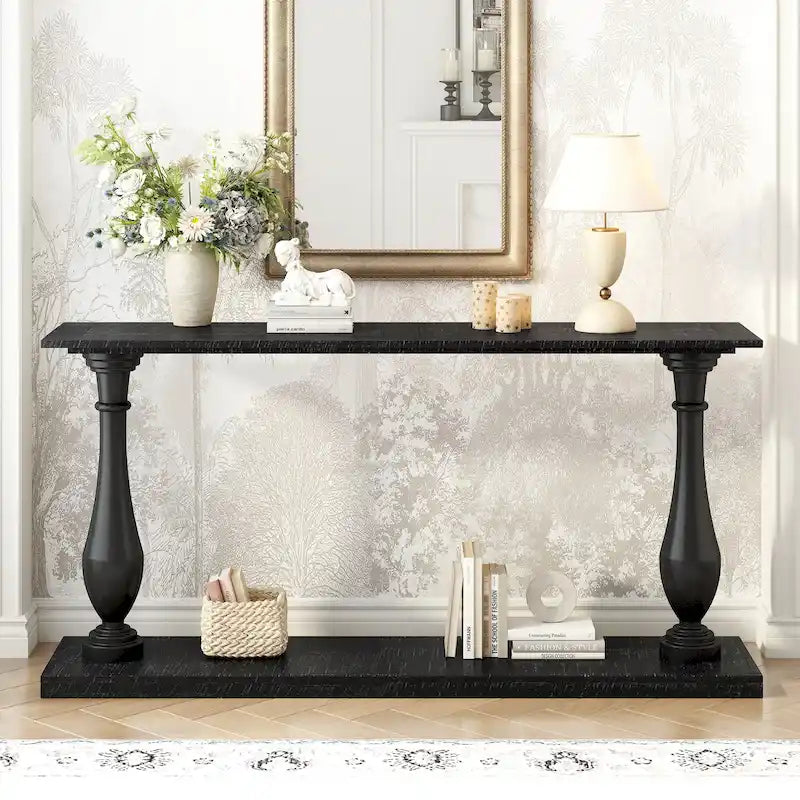 Vase-Leg Design Console Table Narrow Entryway Table Sofa Side Table with Bottom Shelf