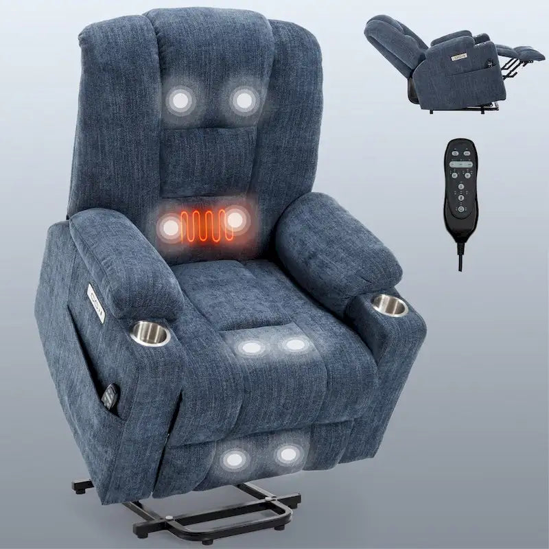 Power Lift Recliner Chair with Massage and Heat, Lazy Boy Overstuffed Wide Recliners w/USB, Type C Ports & 2 Steel Cup Holders